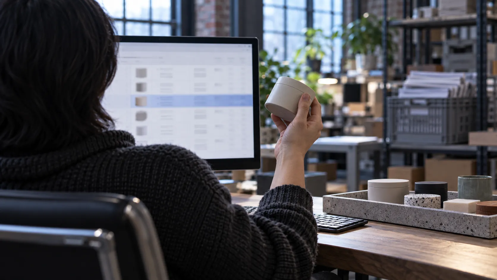 Analyst holding a product sample beside a softly blurred automated research report on screen