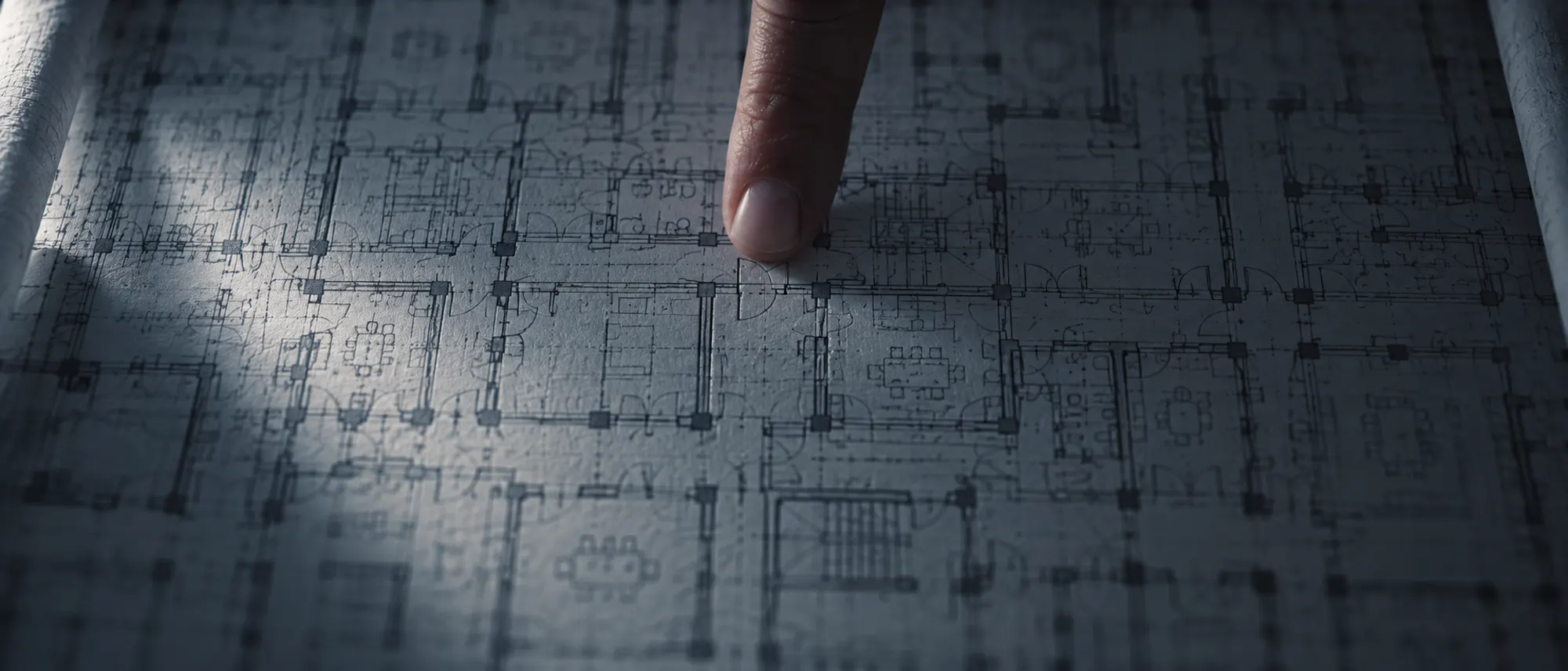 A fingertip resting on one tiny door symbol among hundreds on a dense floor plan, the counting work of quantity takeoff