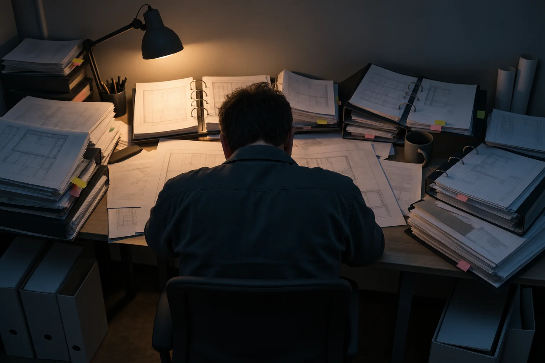 A reviewer seen from behind, ringed by open binders & loose tender papers under a desk lamp during manual review