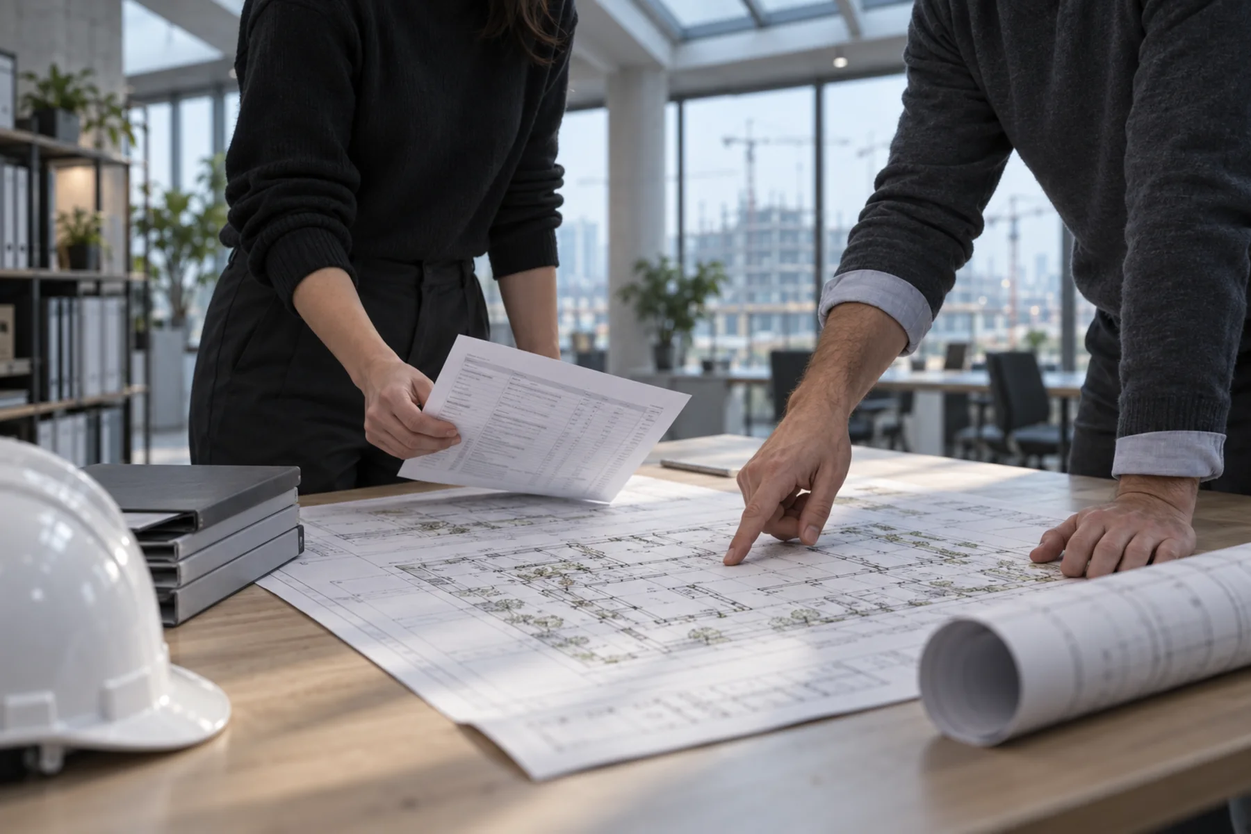 Two colleagues at a bright plan table checking one printed sheet, with a plain white hard hat at the table's edge