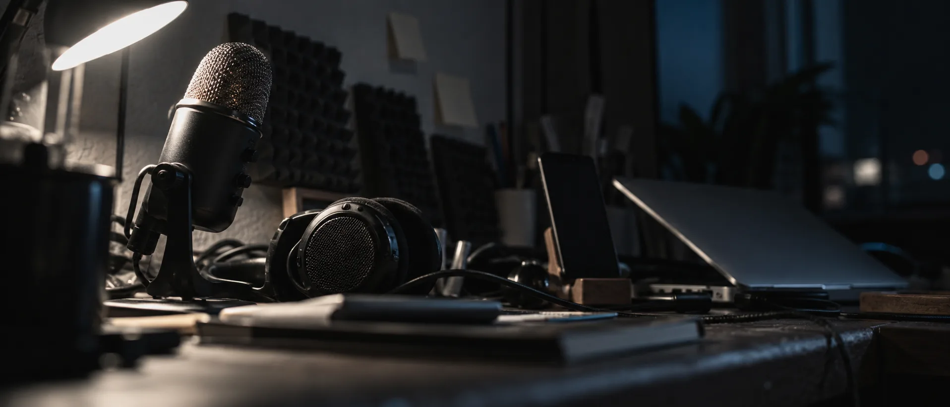 Microphone & headphones on a development bench used to test a real-time voice AI audio pipeline