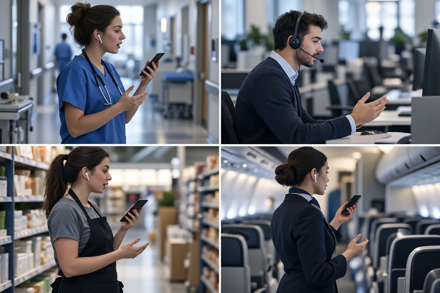 Four people practicing speech with a phone tutor at work: a clinician in a hospital corridor, a call agent at a desk, a shop assistant between shelves & a cabin crew member in an aircraft aisle