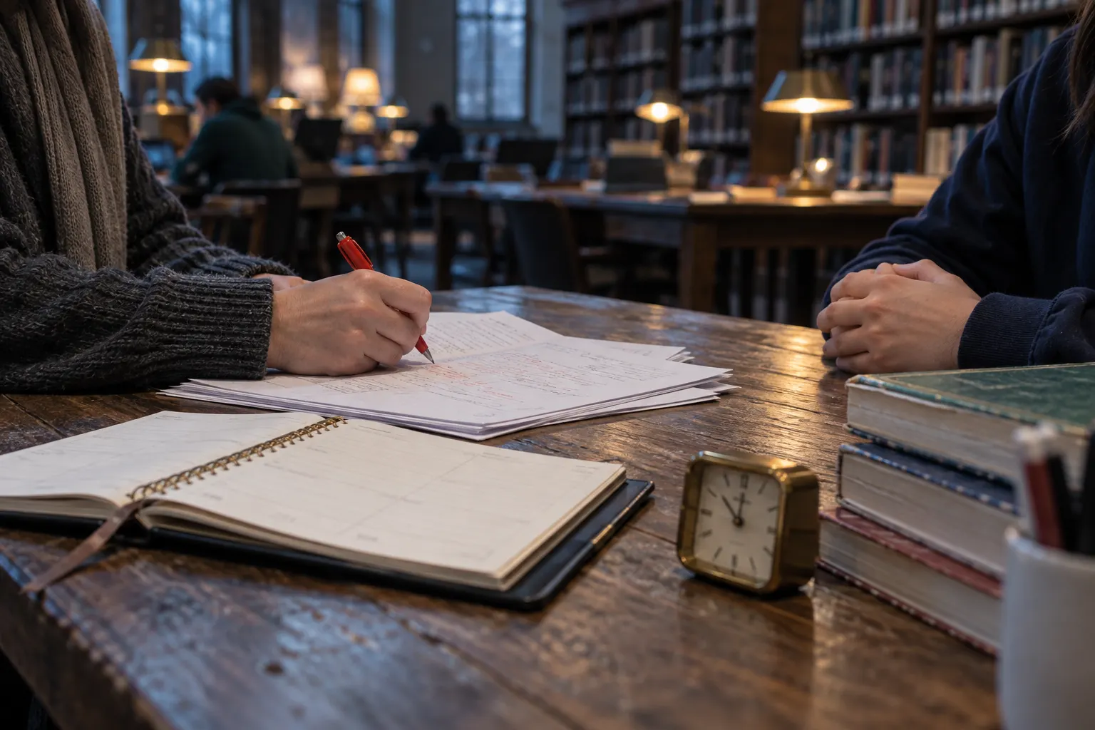 Private English tutoring session at a table, the hourly scheduled coaching an AI voice tutor replaces