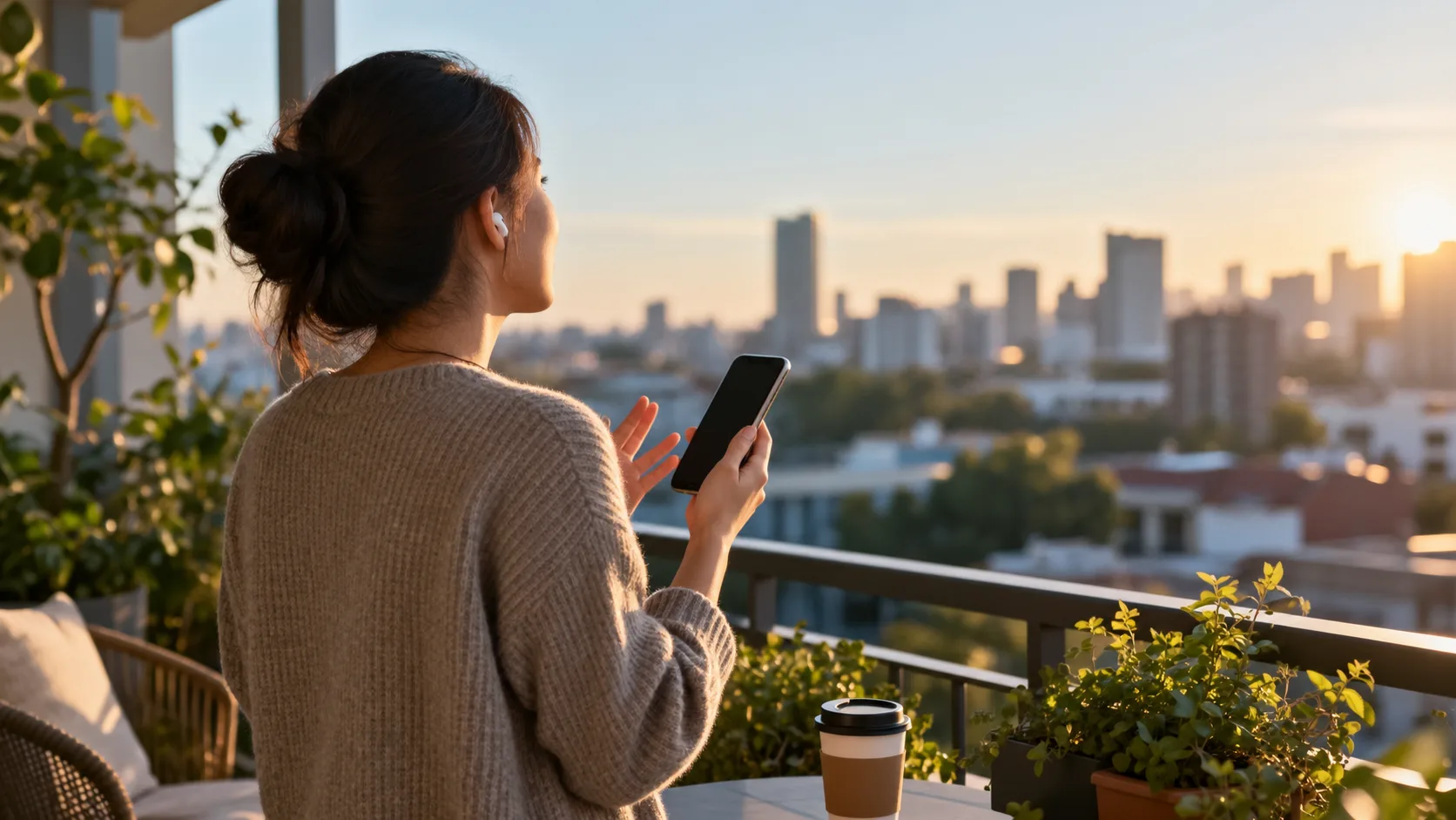 Learner speaking with an AI voice tutor app on a phone outdoors, no human tutor present