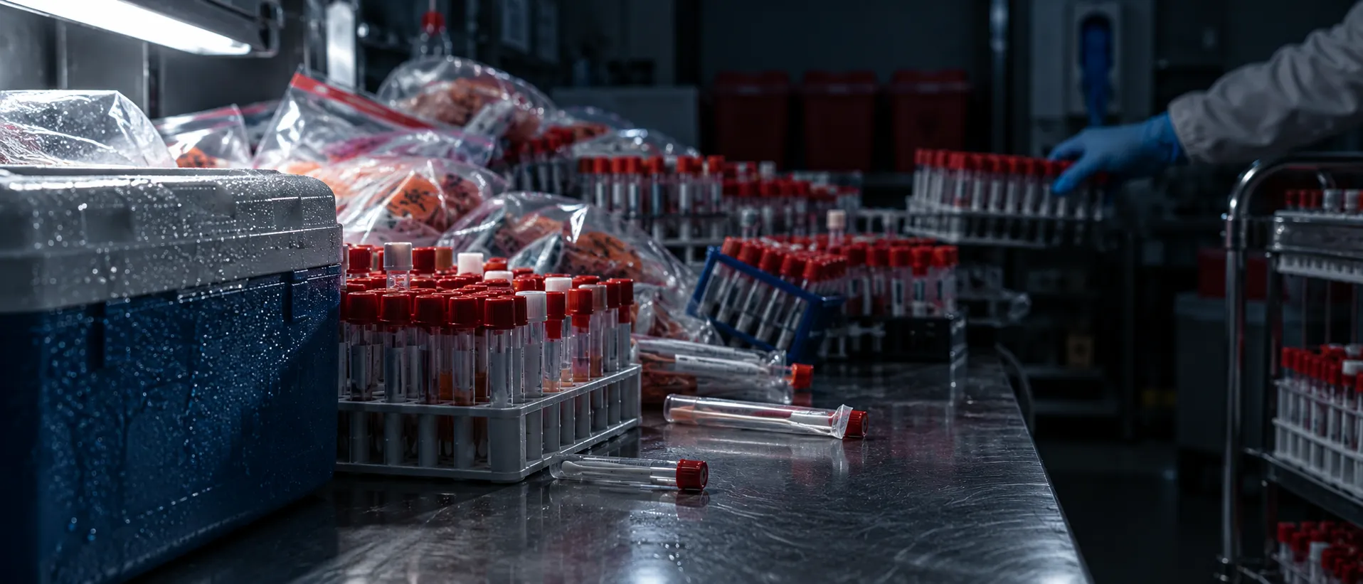 Specimen intake bench stacked with tube racks in a flu surge, the freshness pressure on CDC surveillance data