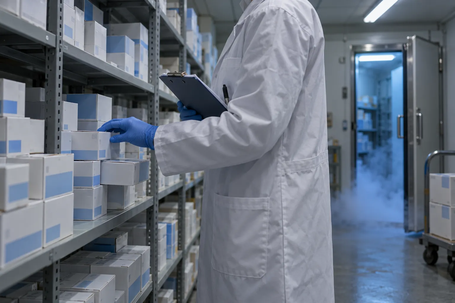 Technician hand-counting respiratory test cartridges with a clipboard, the manual planning this pipeline replaced