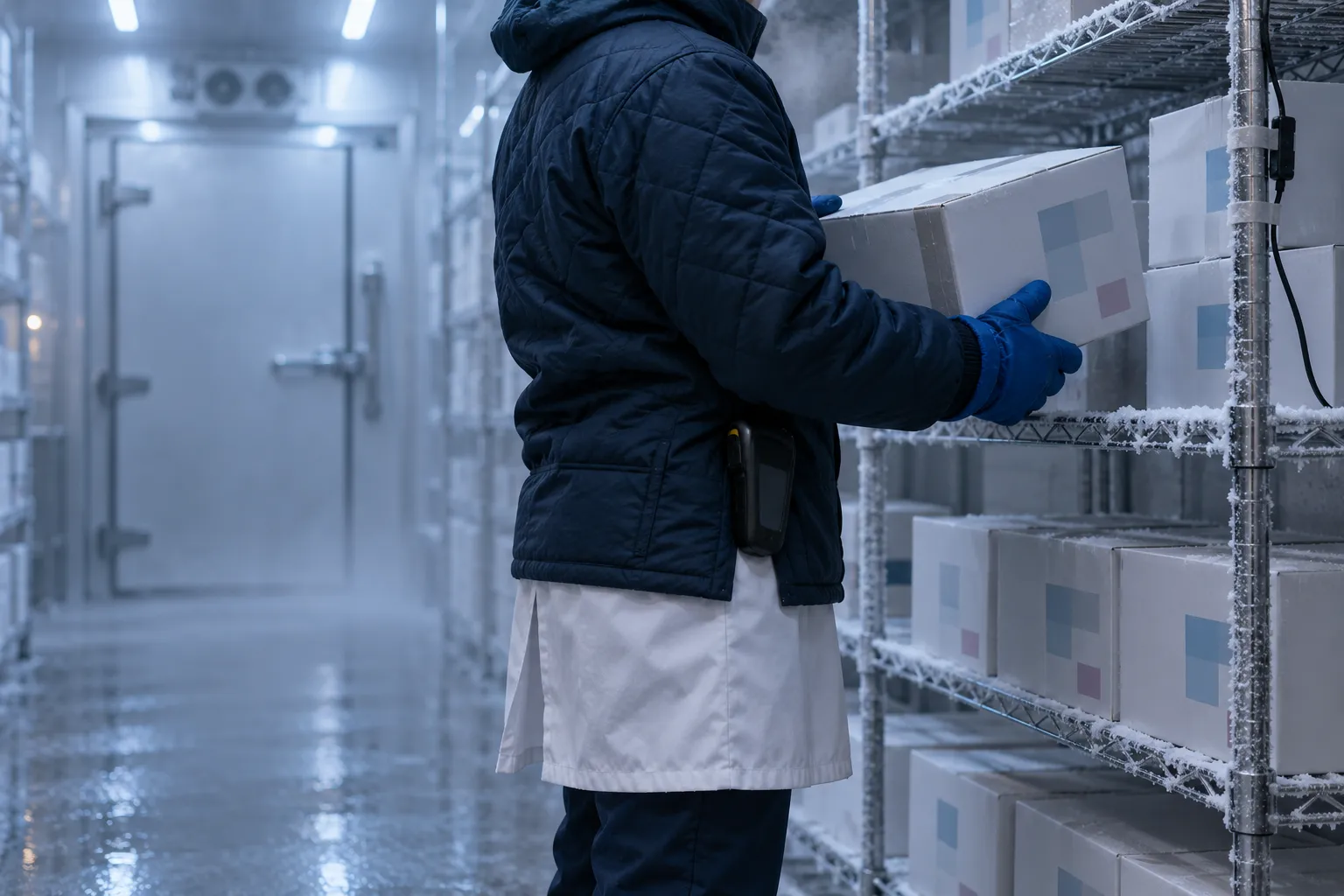 Supply planner lifting reagent kits in a diagnostics cold room, stock set by an automated CDC data pipeline