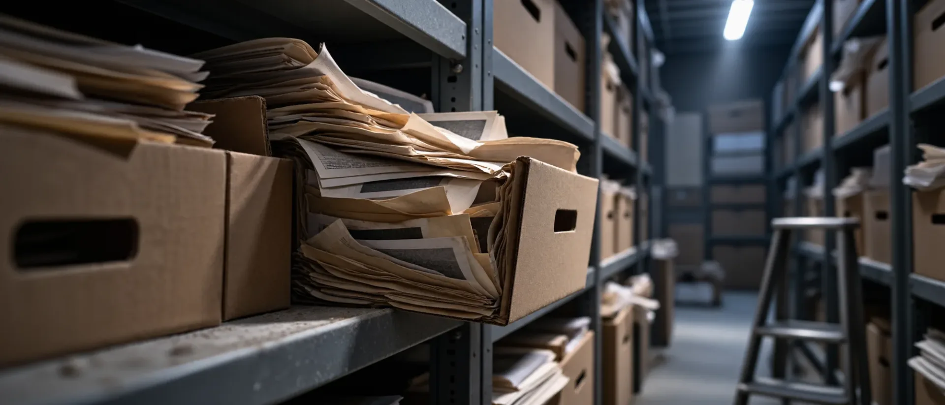 Archive shelf of filed paper clippings, years of competitor coverage that nobody could search quickly
