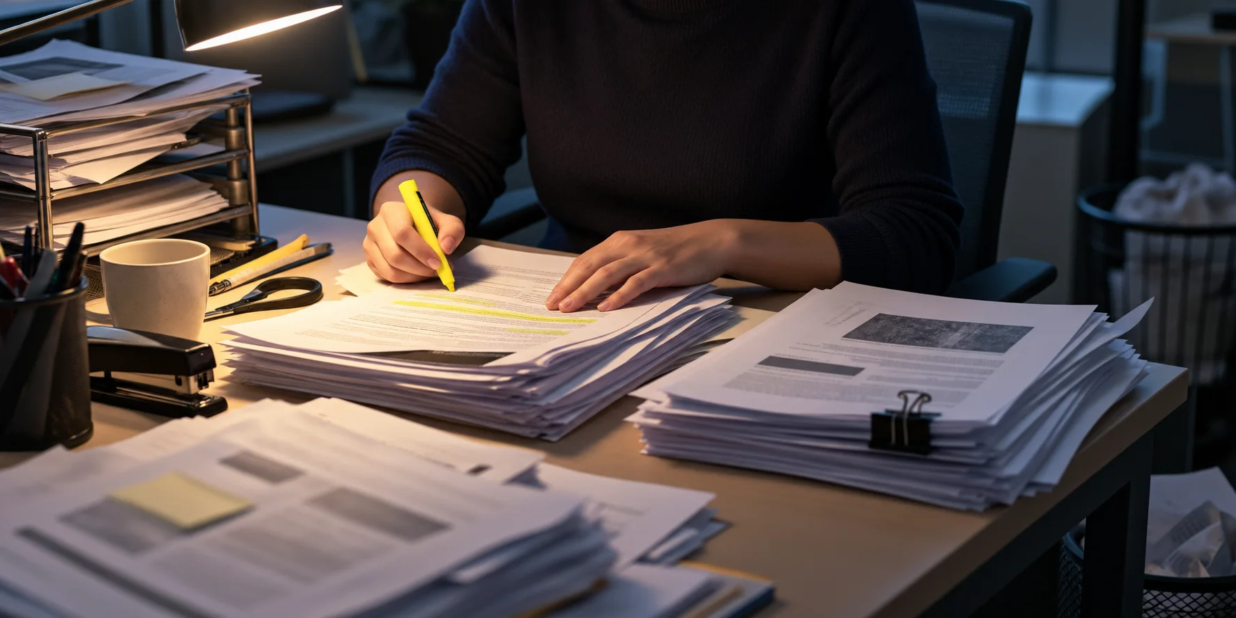 Hands marking up a printed stack of competitor articles on a desk before the platform existed