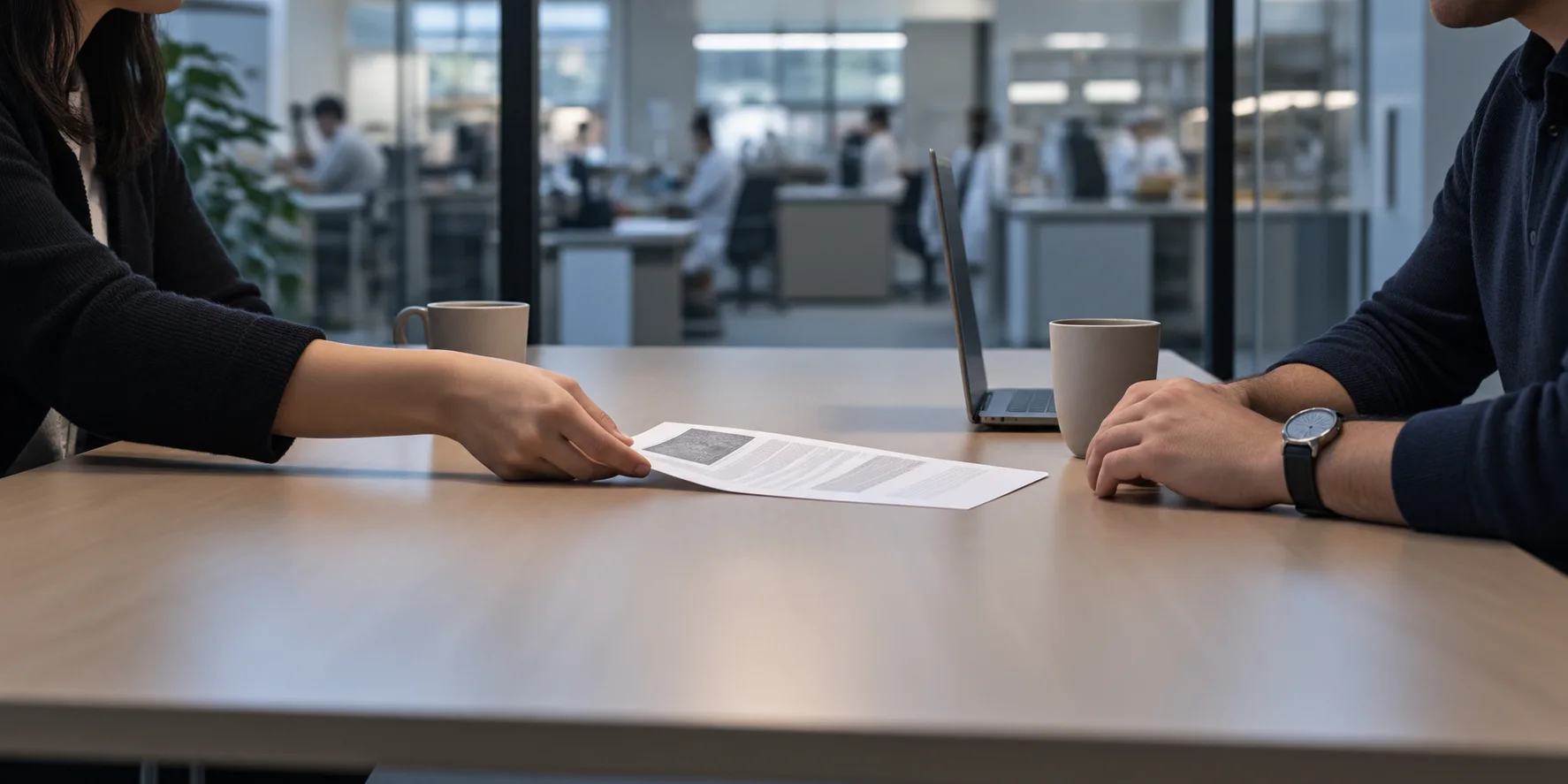 Two colleagues reviewing a single printed competitor summary together across a meeting table