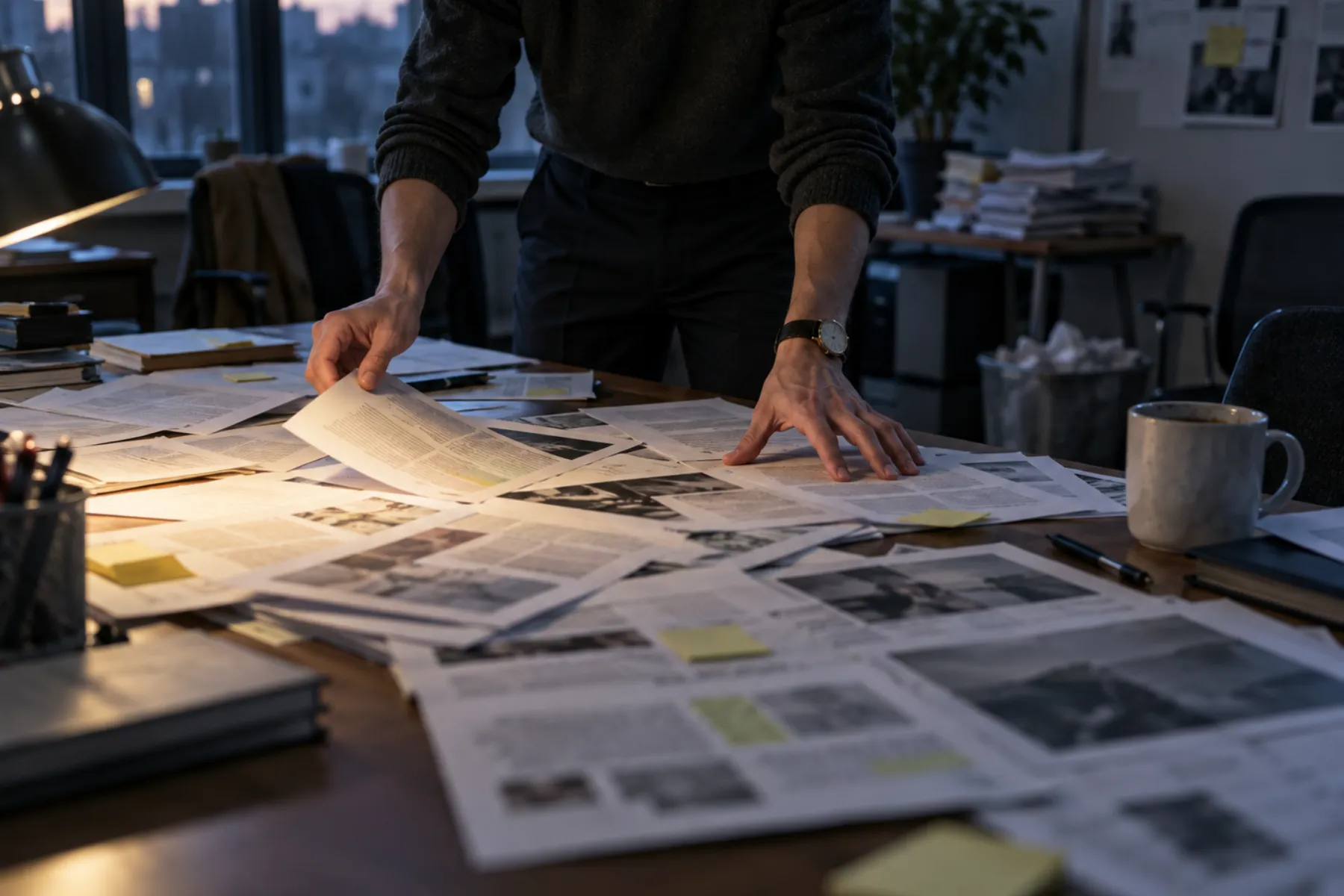 Analyst hands spreading printed articles across a table during manual market research