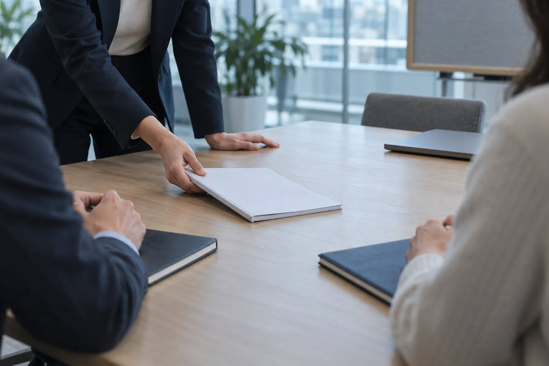 Consultant handing a printed sourced market research report to two colleagues at a small table