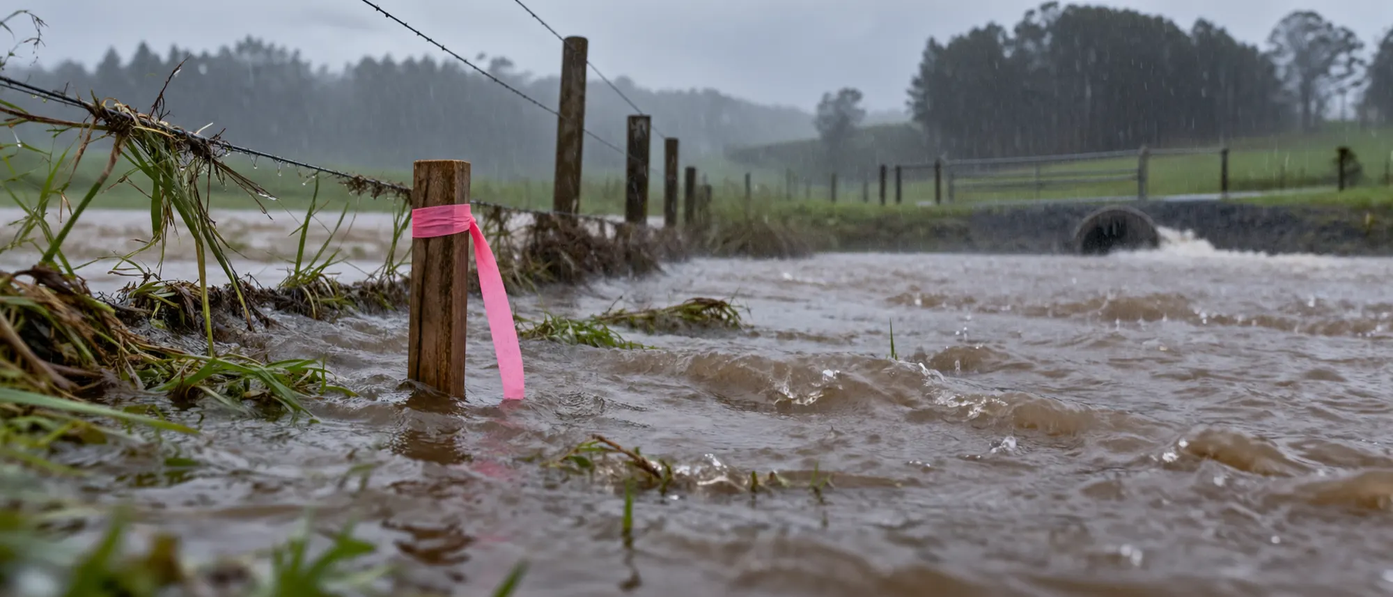 Floodwater over a paddock corner with a half-submerged survey peg, the flood overlay hazard a screen must catch