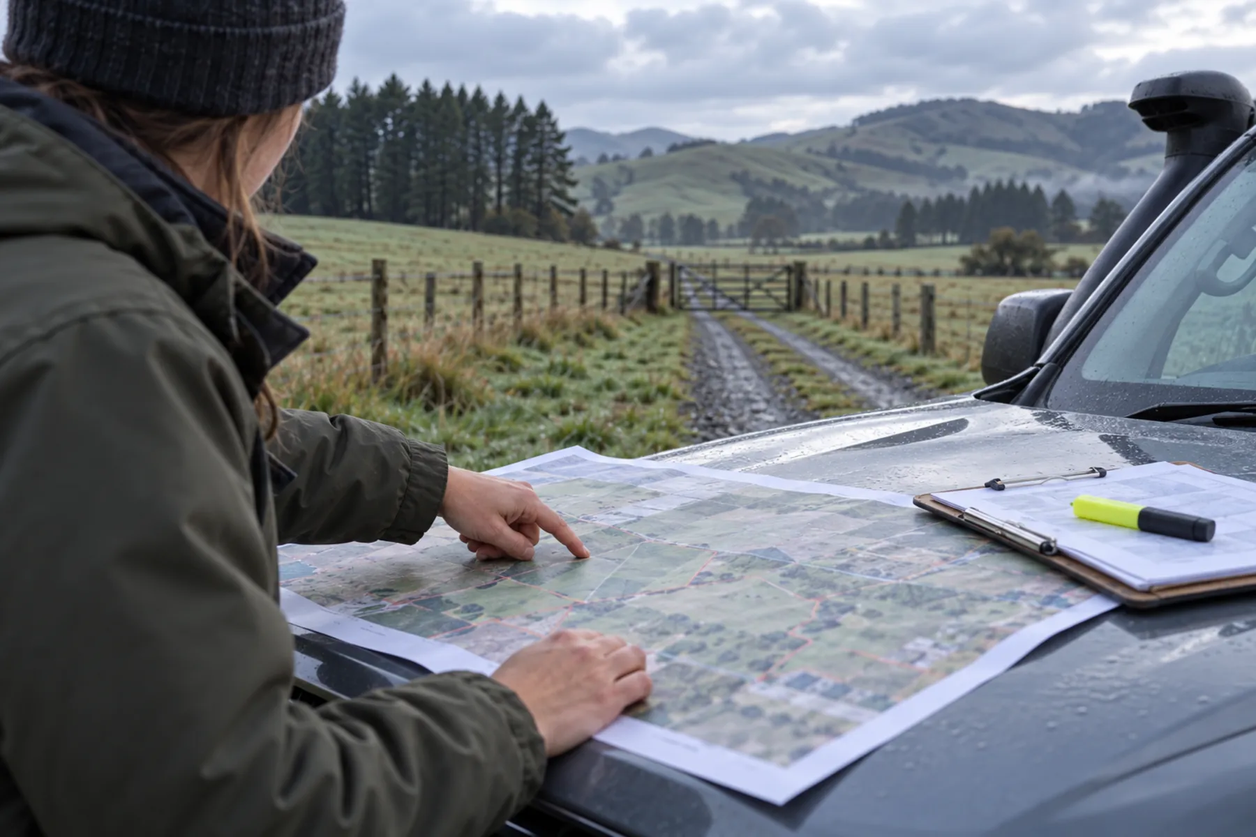 Consultant tracing a boundary on a printed council planning map spread over a pickup hood, the manual zoning check