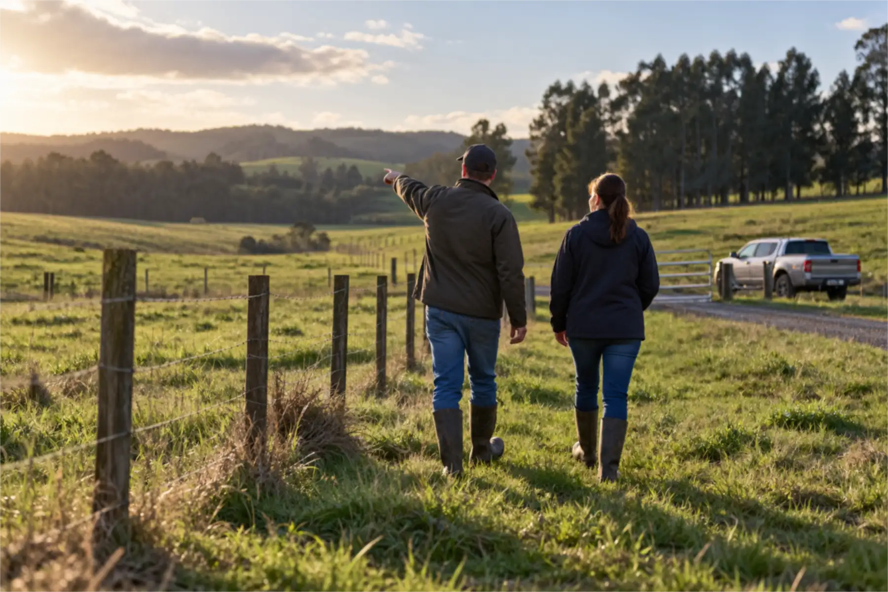 Two consultants walking a paddock fence line after a site passed screening, no screens in view