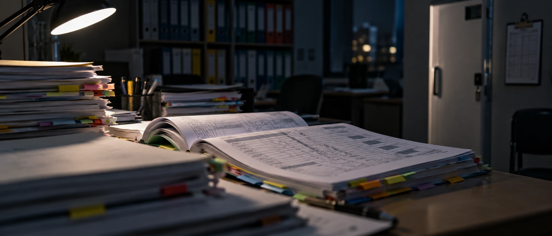 Desk covered in stacked clinical trial protocol documents & amendments, the manual review burden before AI extraction