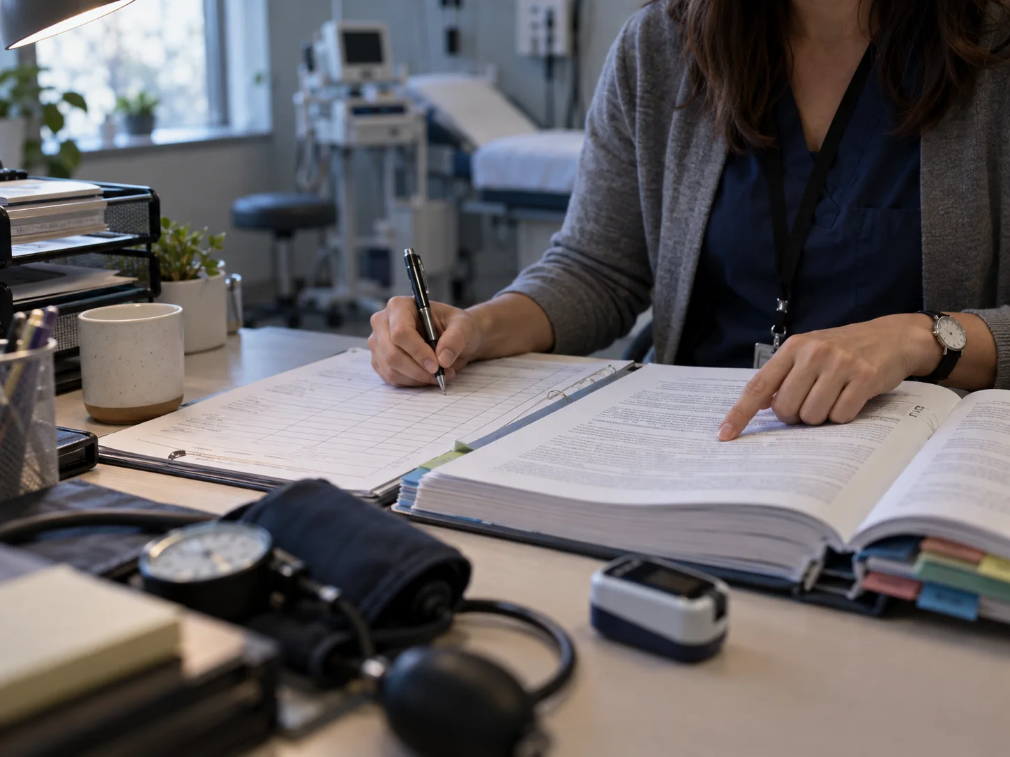 Coordinator's hands paging a tabbed clinical trial protocol beside a paper worksheet during manual data extraction