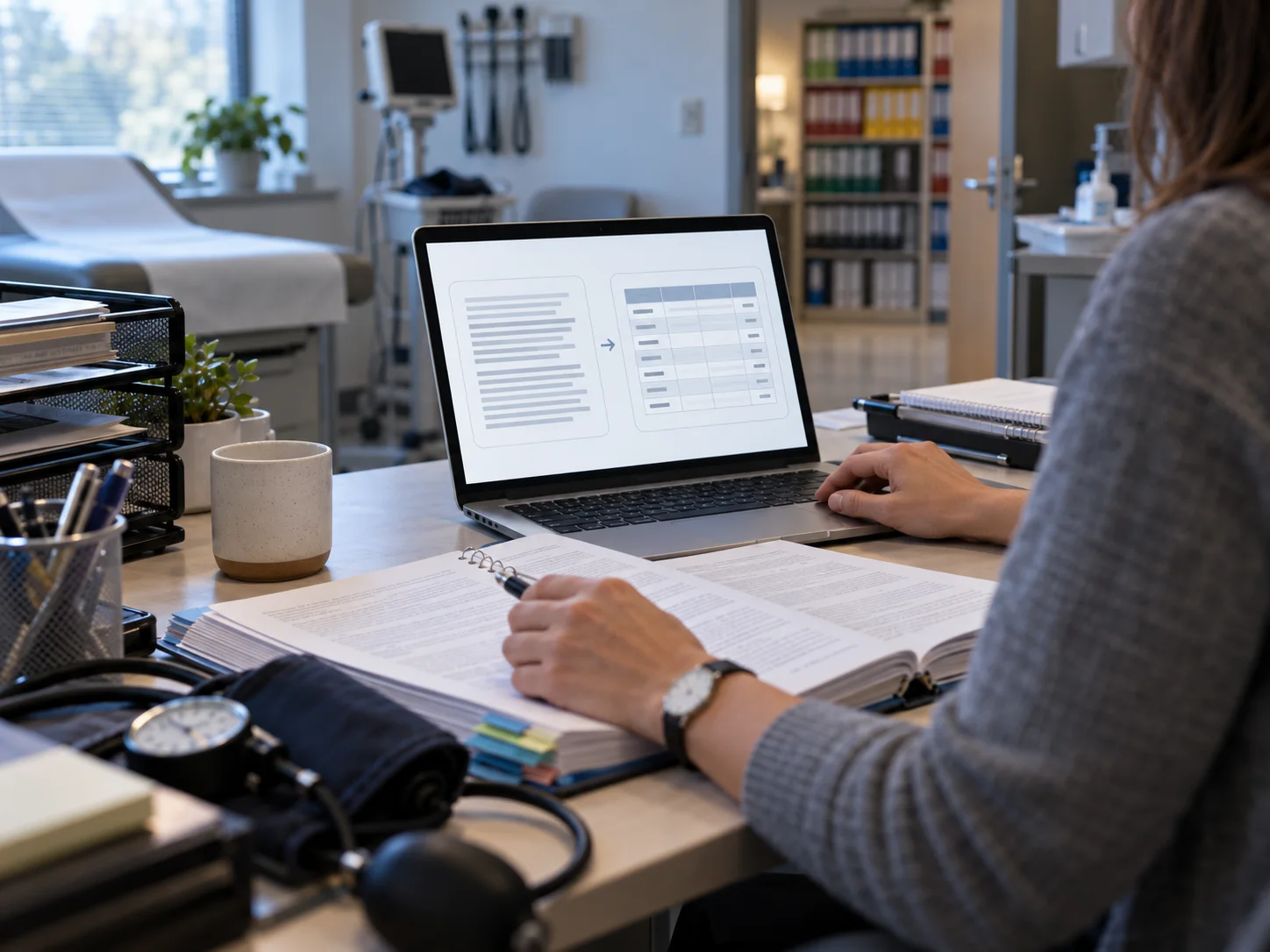 Laptop screen beside a clinical trial protocol showing input text next to a structured output table during eCRF generation