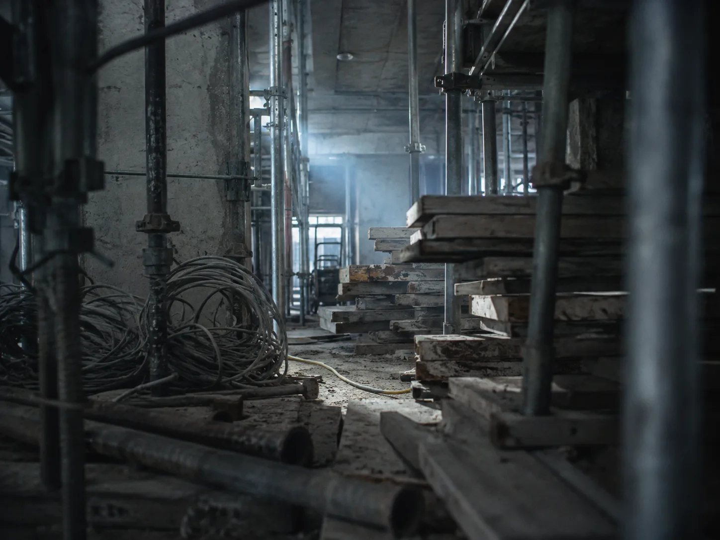 Cluttered concrete interior with scaffolding, the occlusion problem that construction progress tracking has to survive