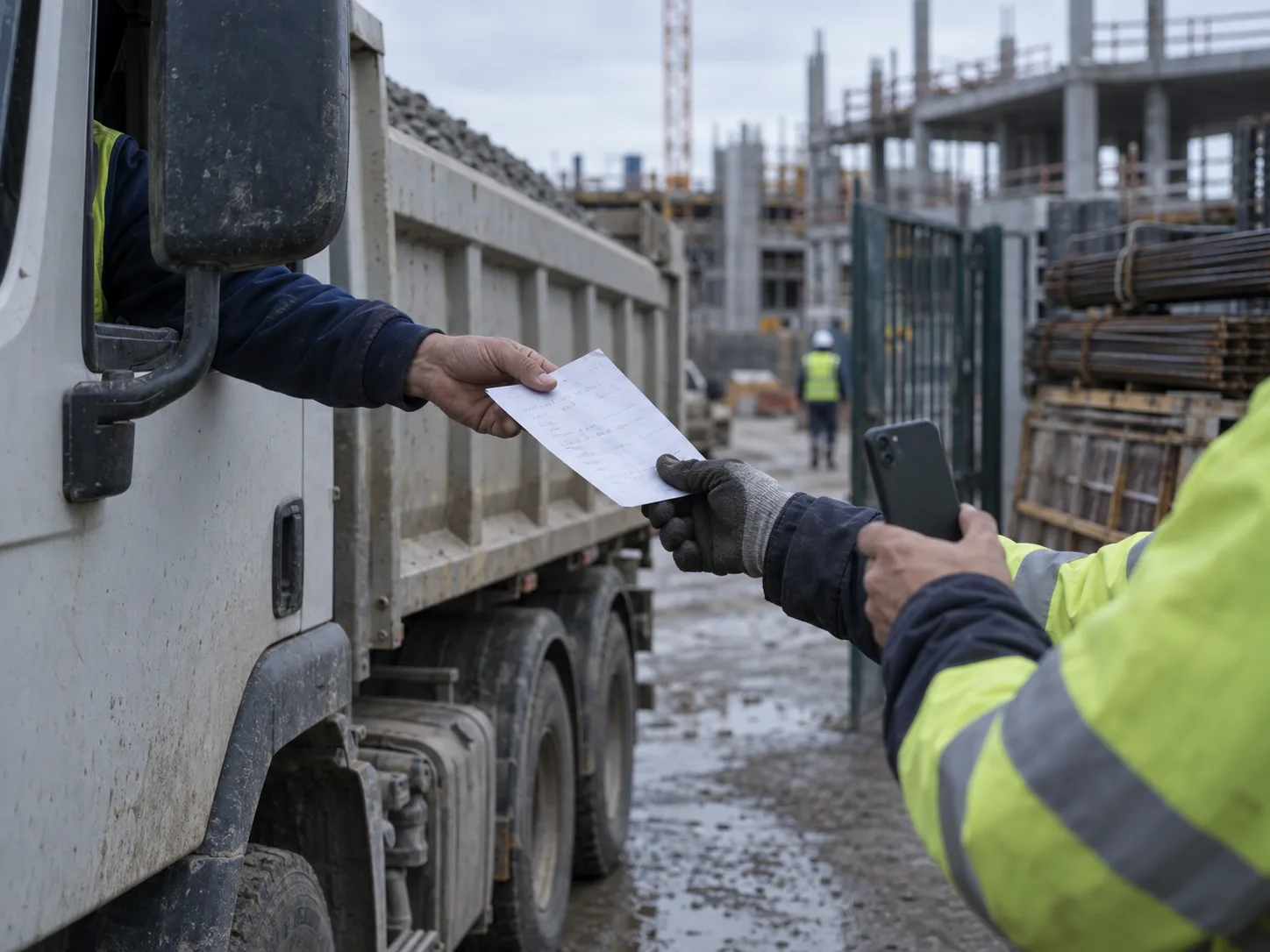Truck driver handing a handwritten delivery slip to a site worker holding a phone at a construction gate