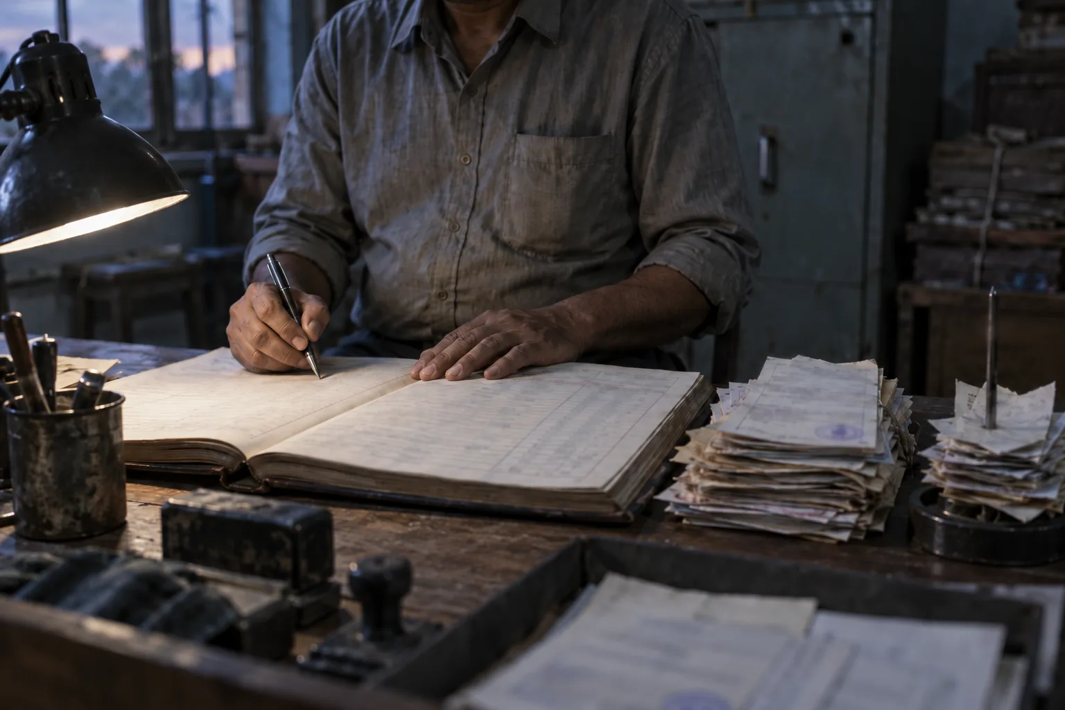 Clerk writing delivery challan entries by hand into a paper register under a desk lamp