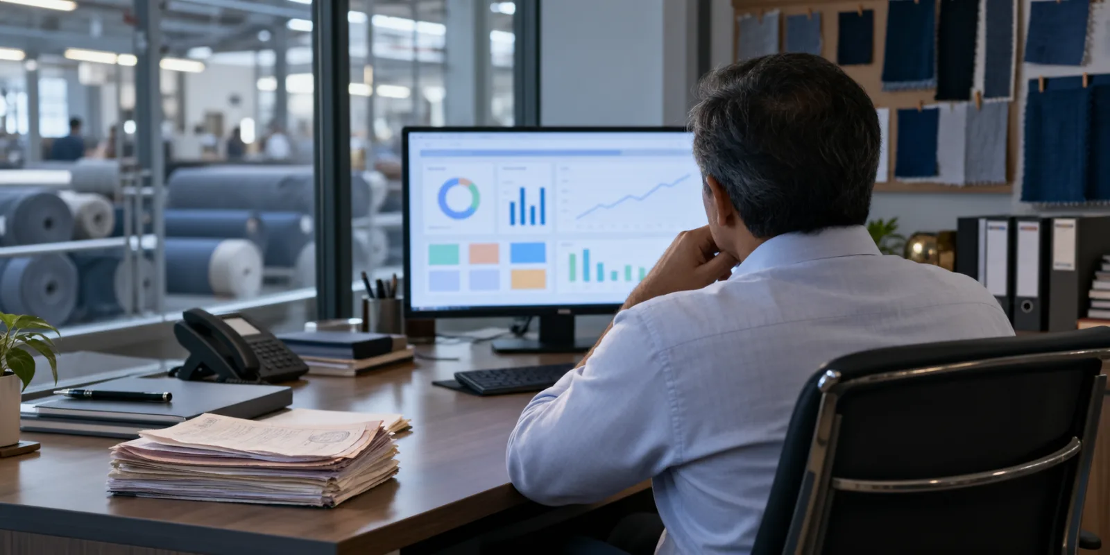 Director reviewing a capital & production dashboard at his desk, with denim rolls visible through the office glass