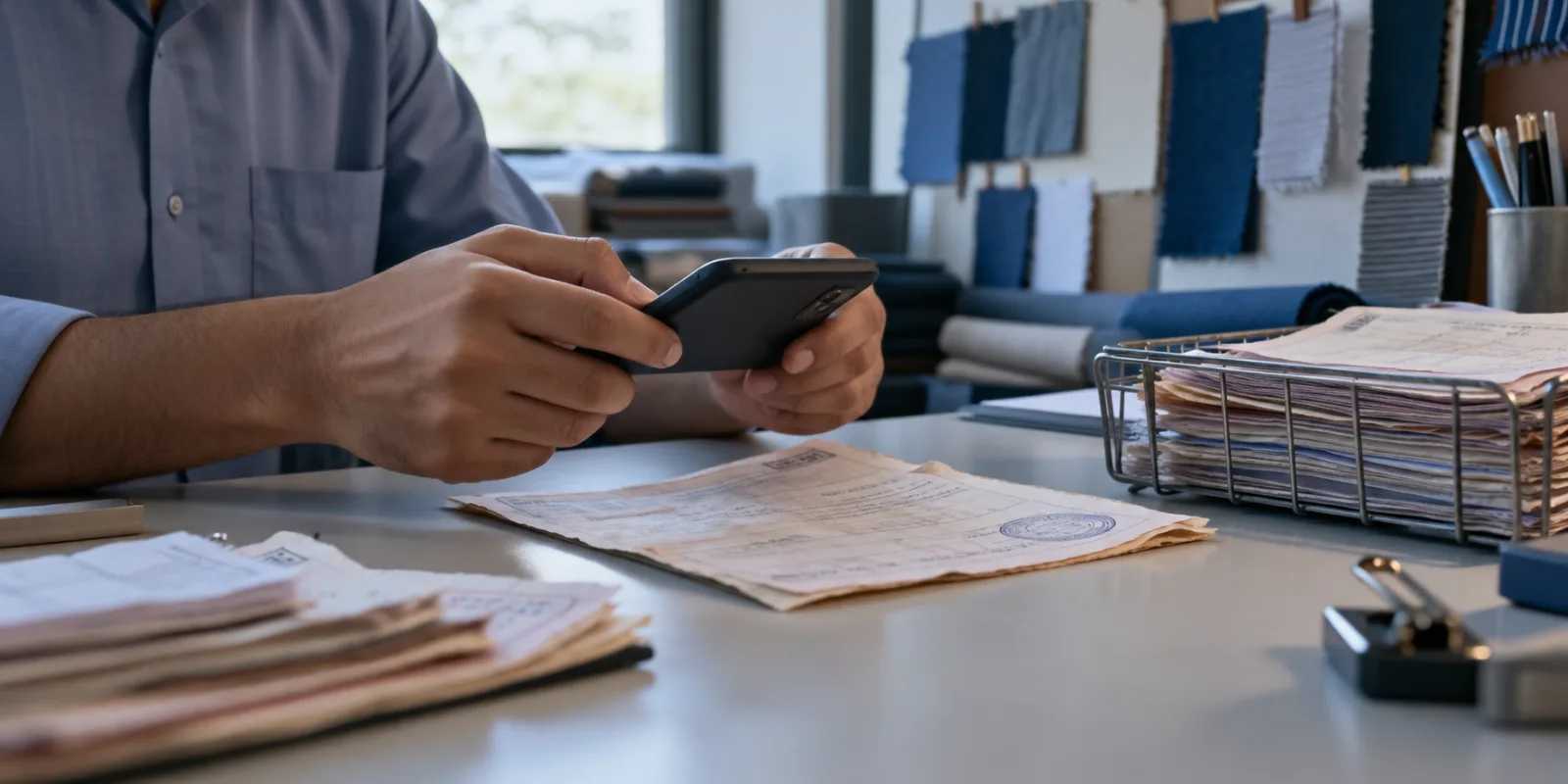 Clerk photographing a paper delivery challan with a phone at a desk, with the phone screen facing away