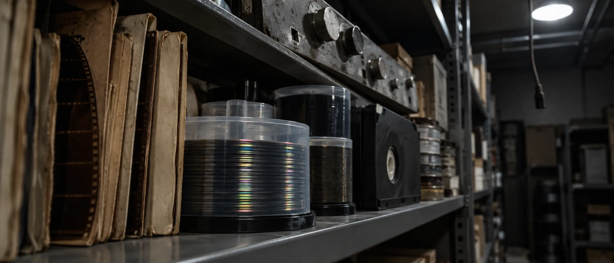 Archive shelf of mismatched imaging media and a legacy scanner console panel in a storage room
