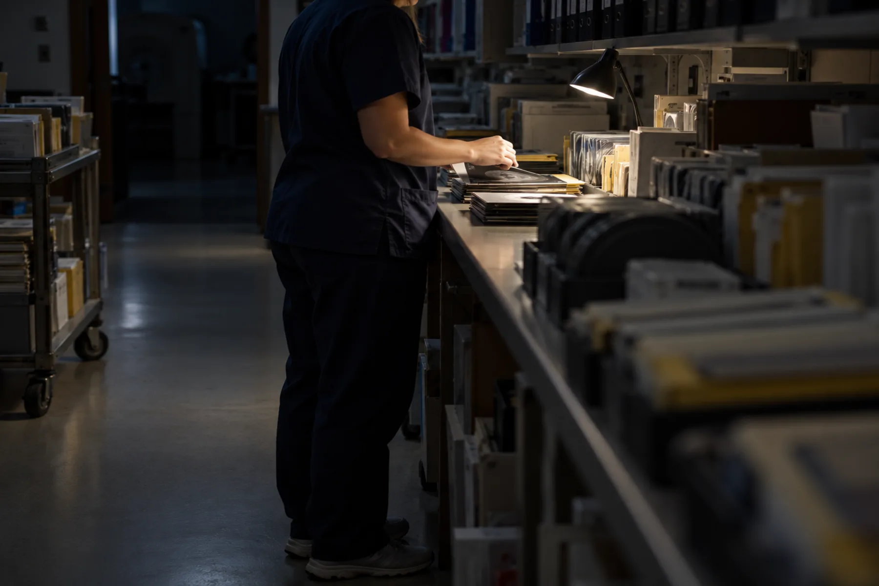 Technologist's hands transcribing a printed study worksheet beside a stack of archived imaging discs
