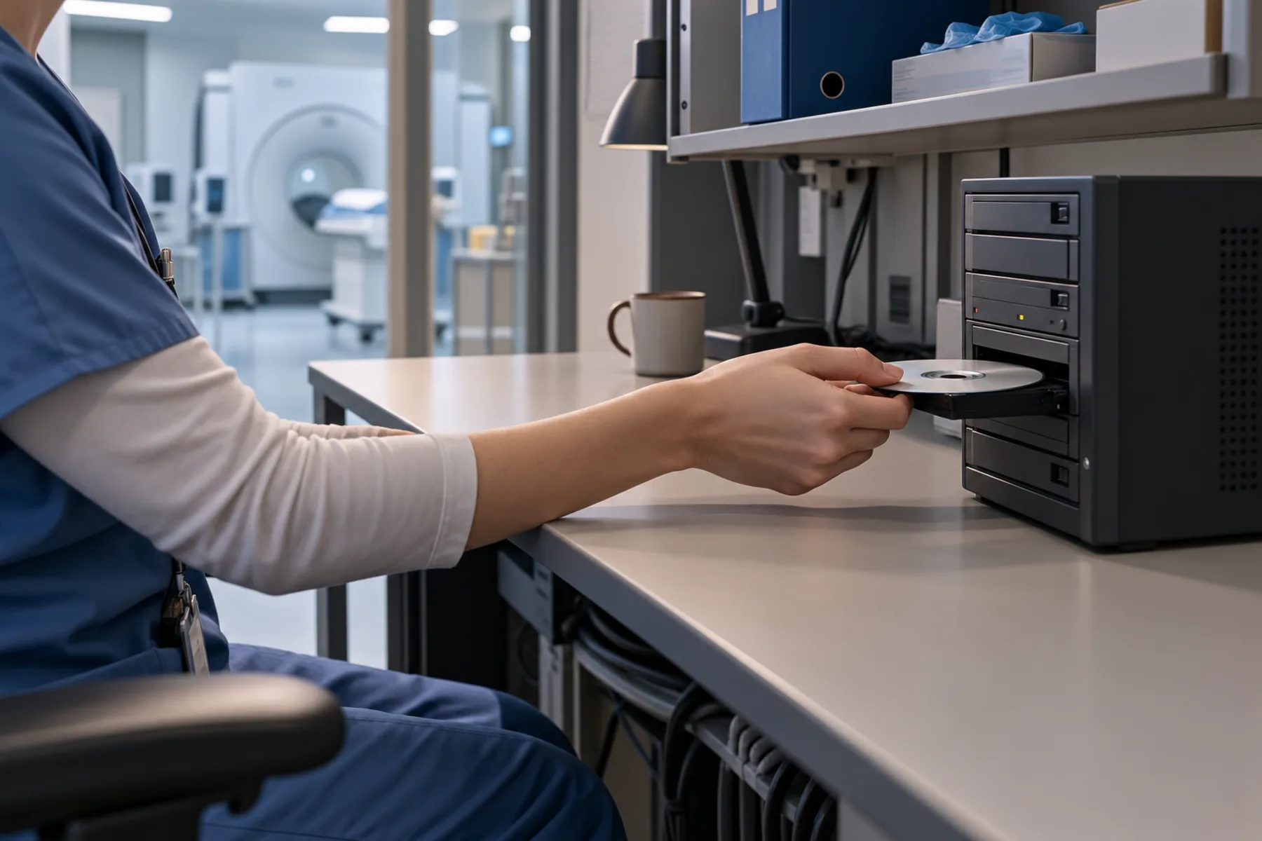 Technologist preparing a scanner table with no paperwork in reach after imaging workflow automation