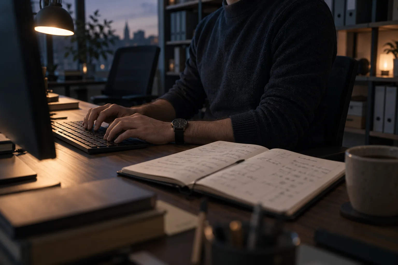 Analyst at a desk writing a database query by hand, the slow manual work that routing questions to a data warehouse replaces