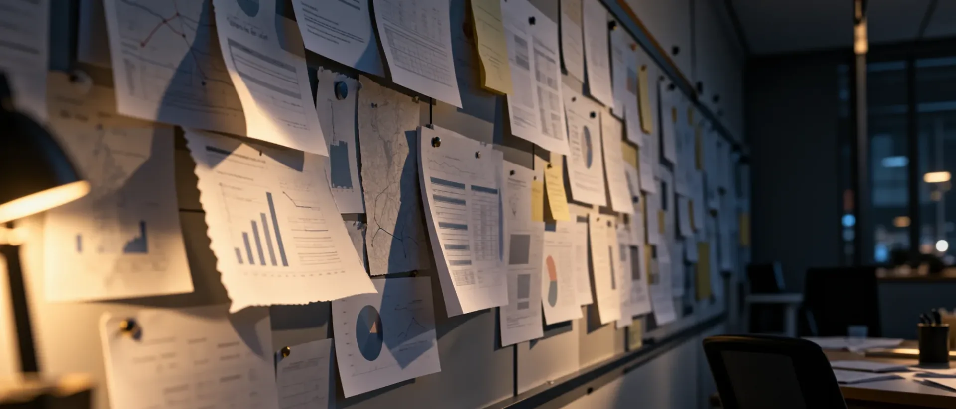 Overlapping printed report pages pinned across a wall at night, each with a different layout