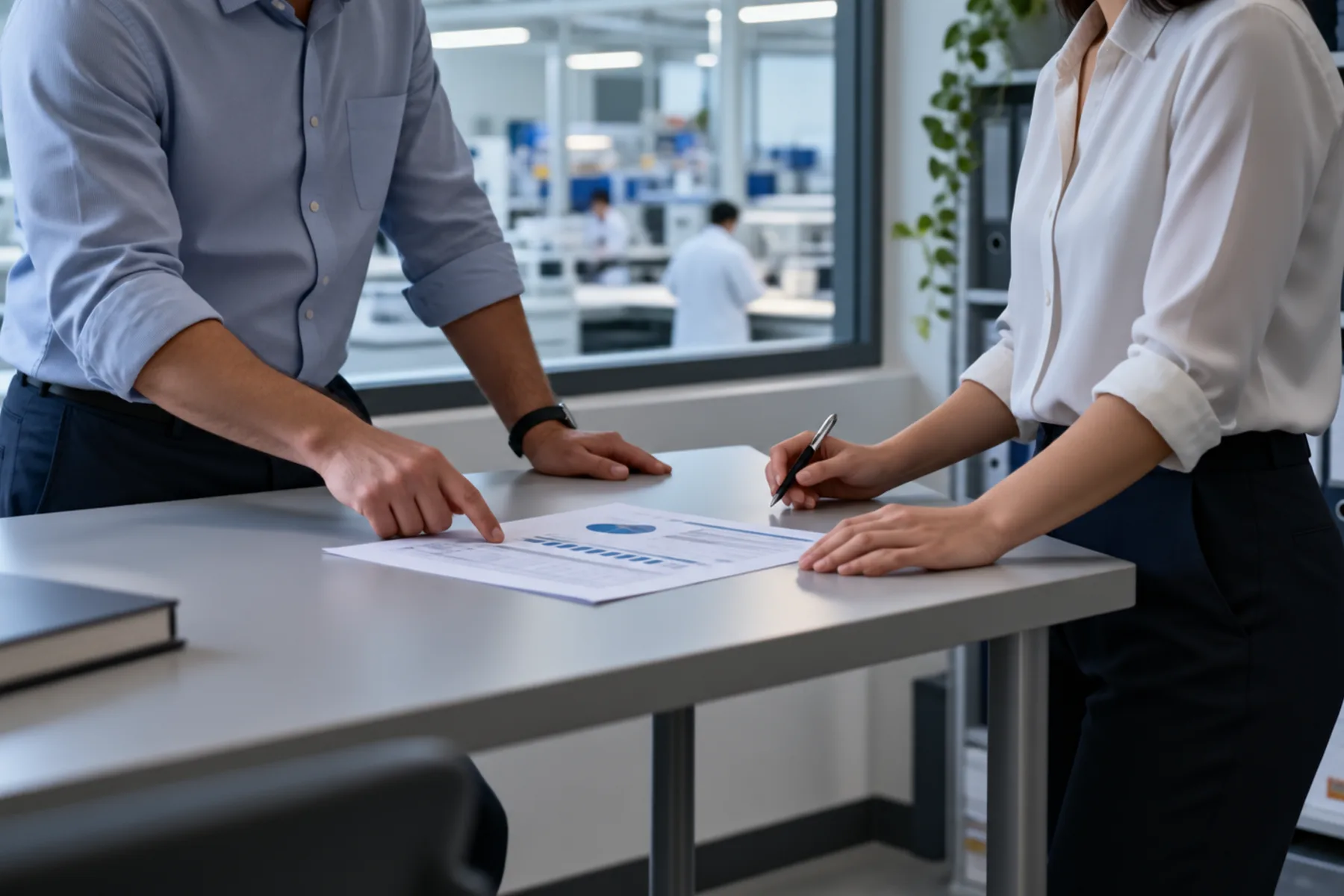 Two colleagues reading a single printed AI usage summary at a standing table beside a lab window