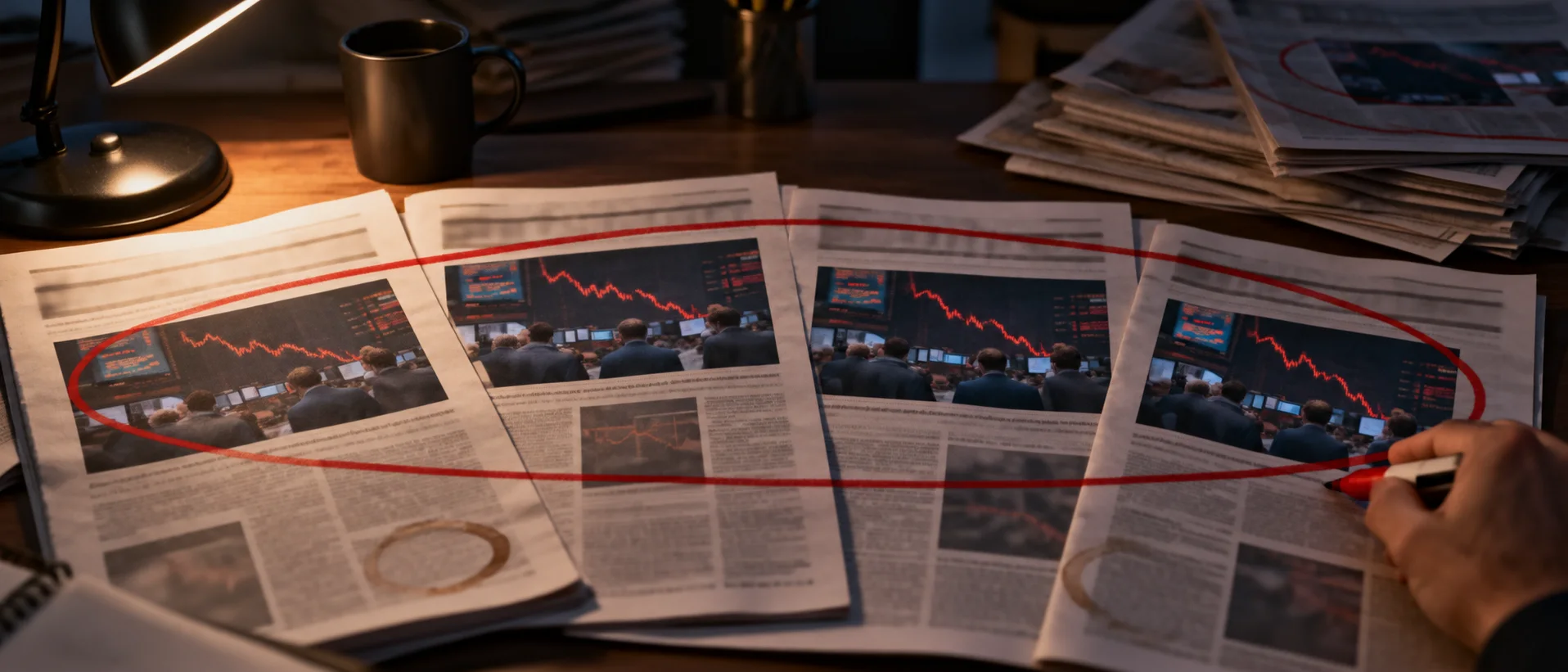 Four newspapers fanned across a desk at night, the same market story circled in red on every front page