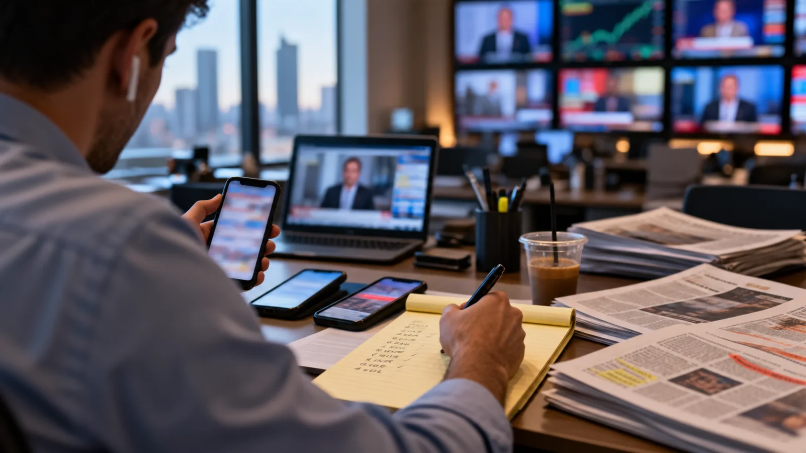 Analyst's hands marking printed market news & handwritten ticker notes before any automation