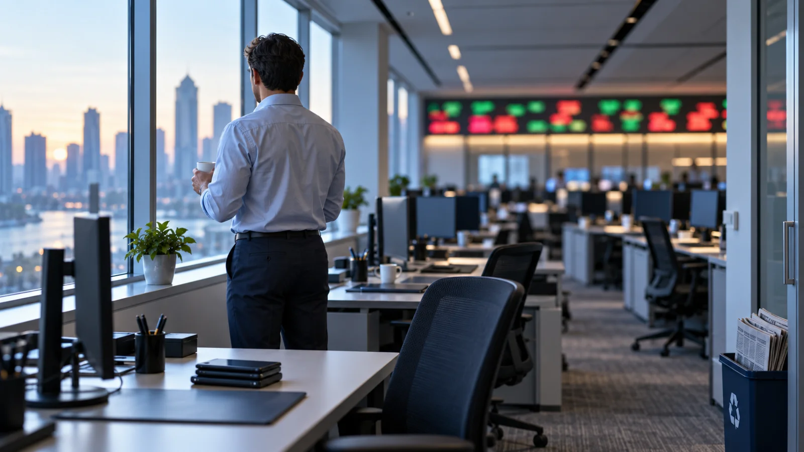 Analyst at a tidy desk with an edge-on monitor after the pipeline went live