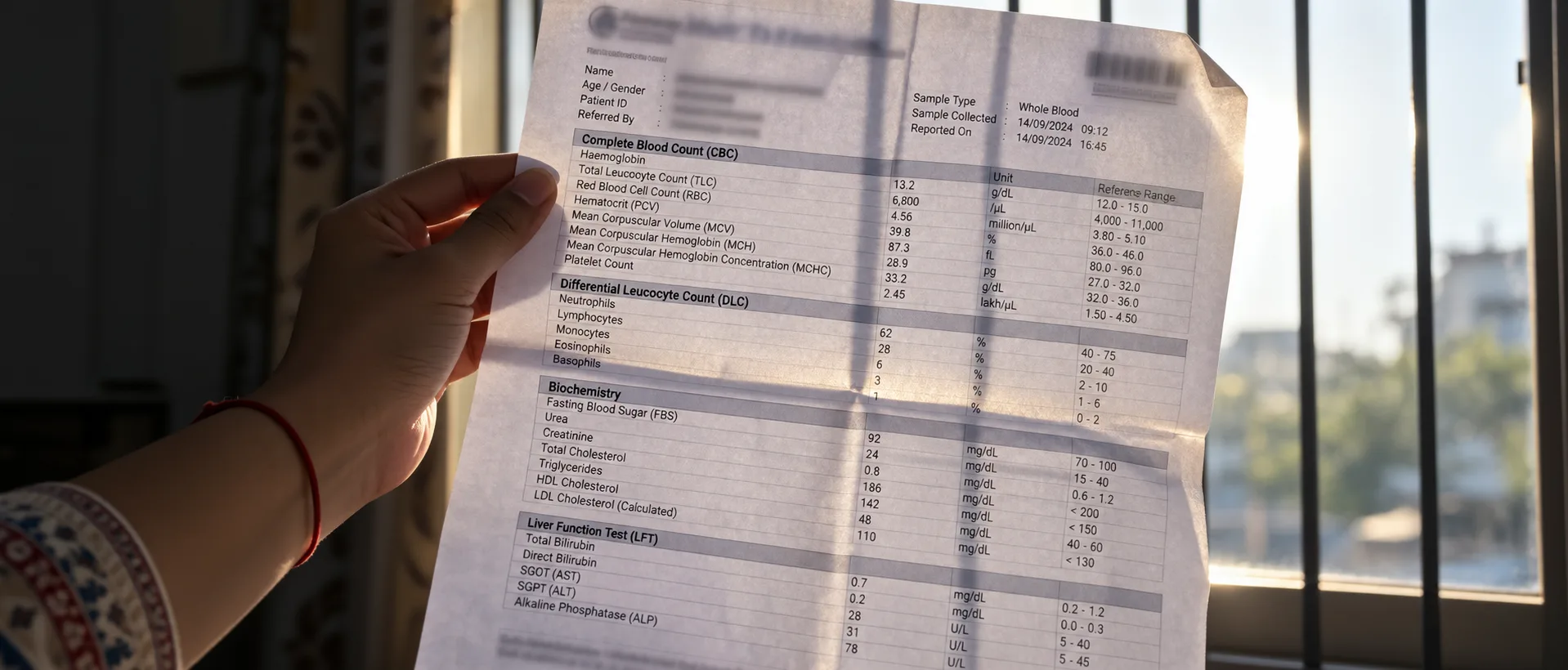 Creased lab report held to a window, with reverse-side print bleeding through, the scan quality OCR must survive