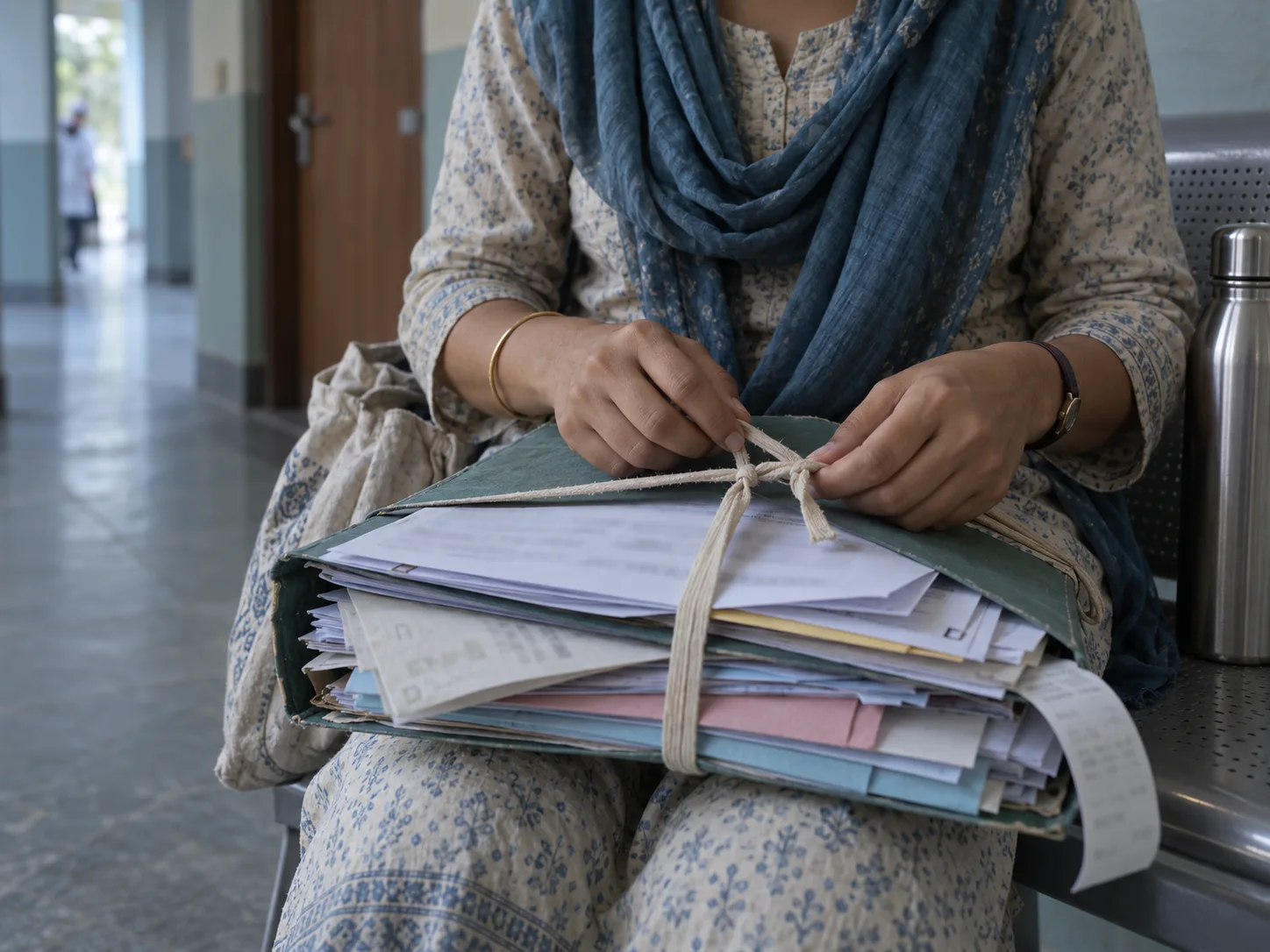 Patient untying a folder of lab reports collected from several diagnostic laboratories over years