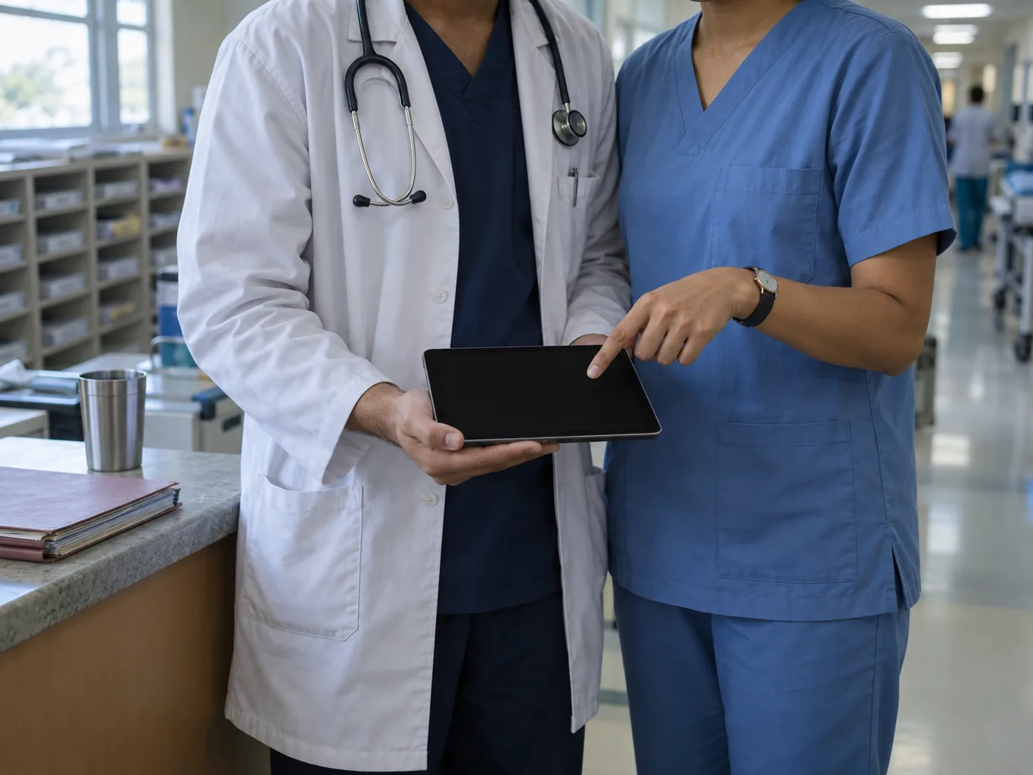 Two clinicians reviewing a patient’s laboratory trend history on a tablet during a consultation