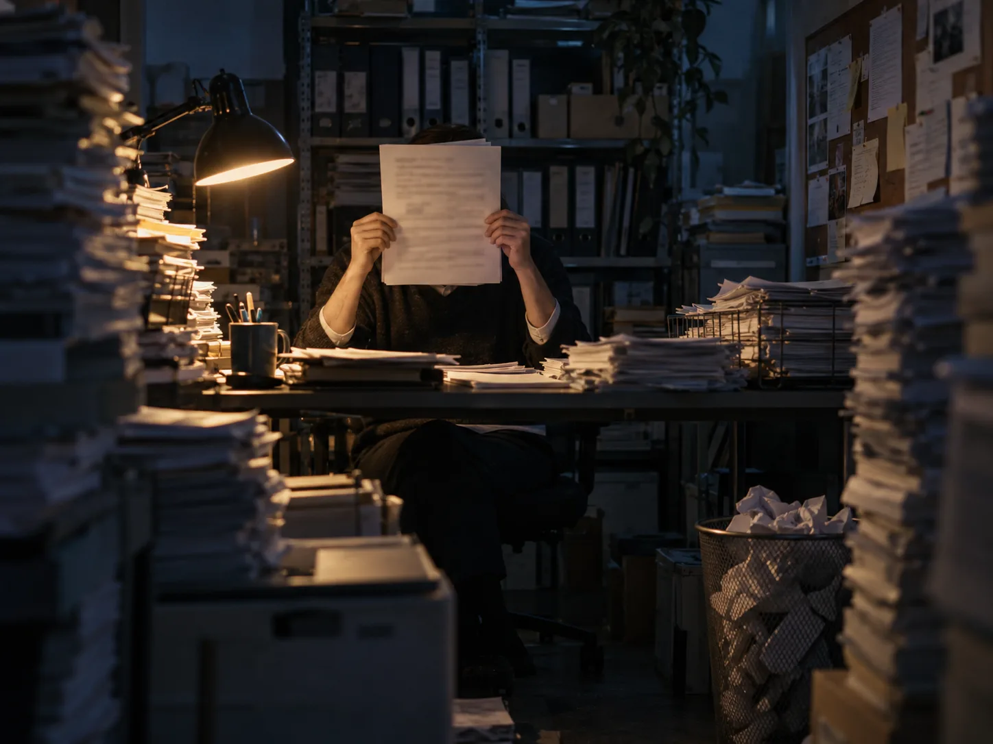 Analyst manually reviewing printed suspicious emails at night, the slow workflow that AI fraud detection replaced