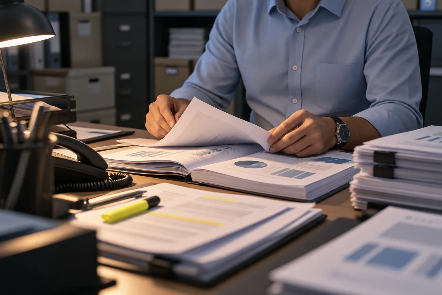 Hands leafing through a printed banking report, the manual data request routine that came before natural language database queries