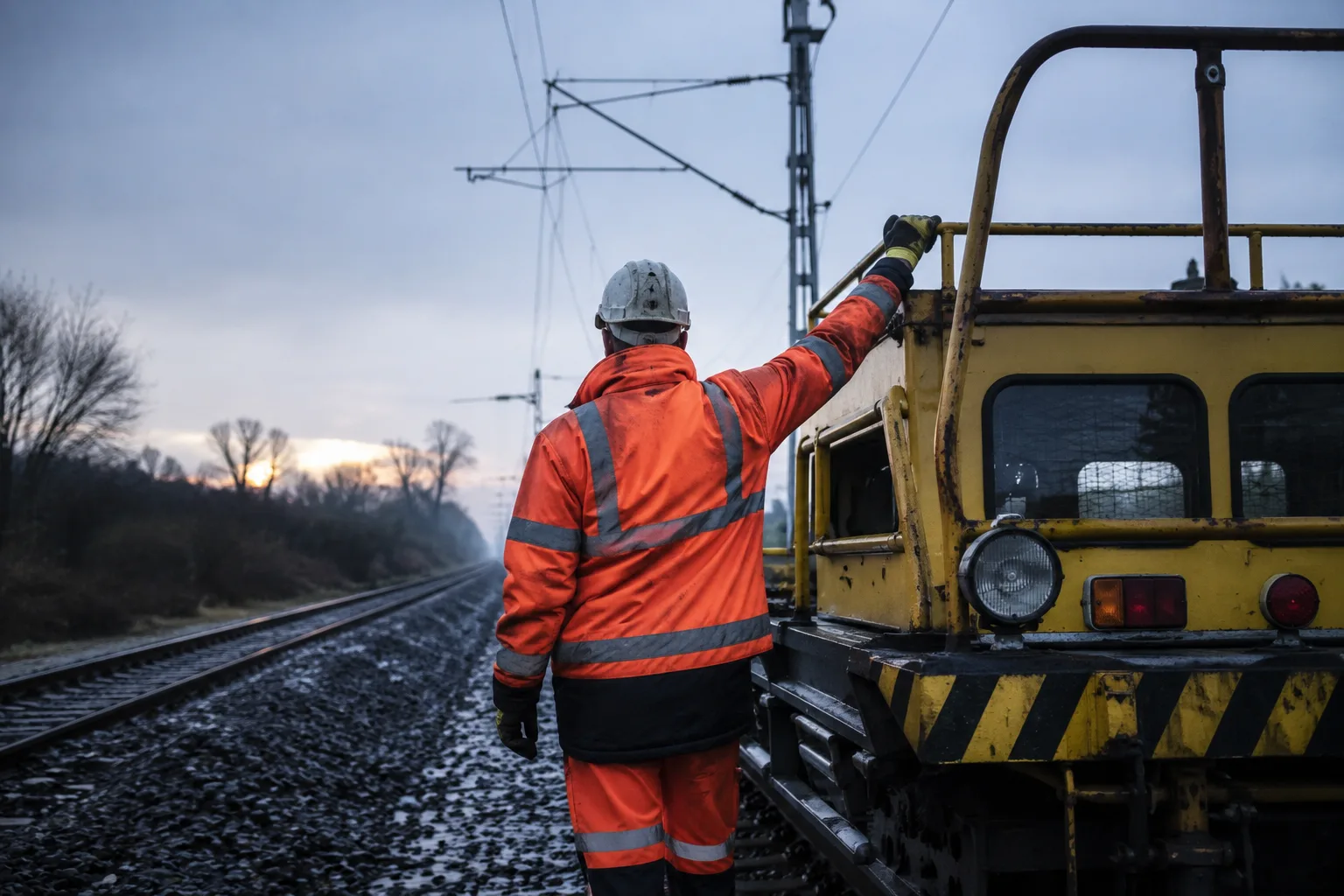 Rail electrification maintenance worker standing beside a track vehicle in early morning light