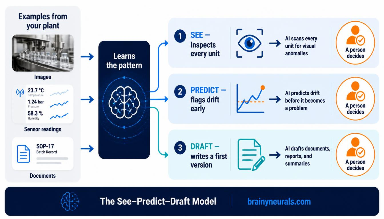 The See–Predict–Draft Model the three jobs artificial intelligence does in a pharmaceutical plant, each ending with a human check.