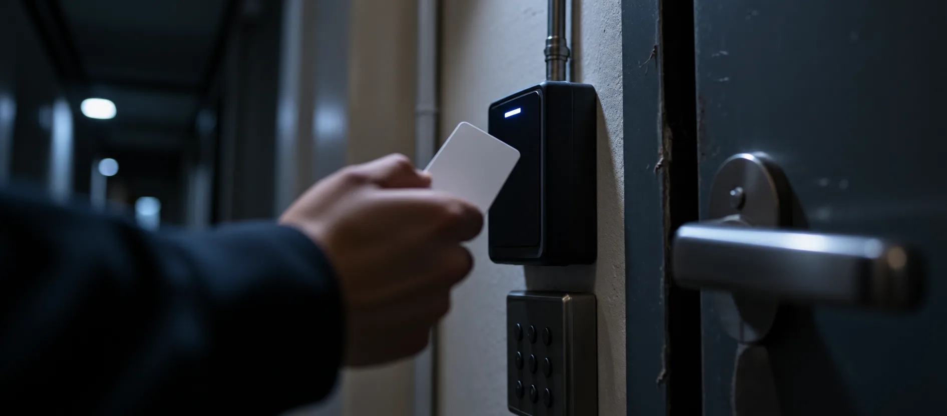 Badge reader at a restricted door, standing in for access control over commercial rate data