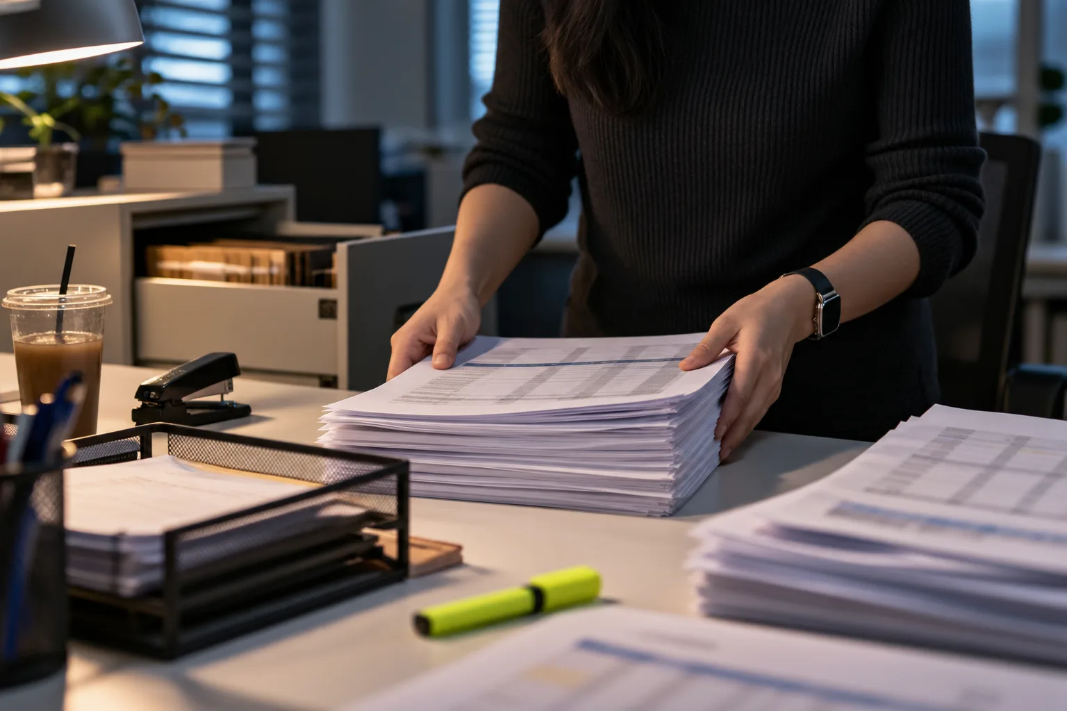 Hands squaring a stack of printed rate spreadsheets that were compiled by hand before the self-service rate lookup