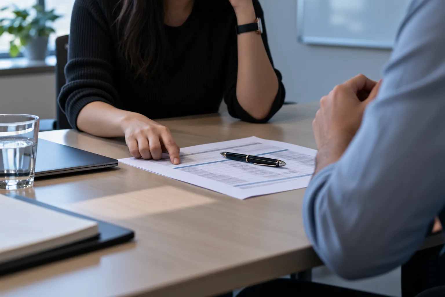 Two people reviewing a printed rate summary in a contracting meeting, with no screens in use