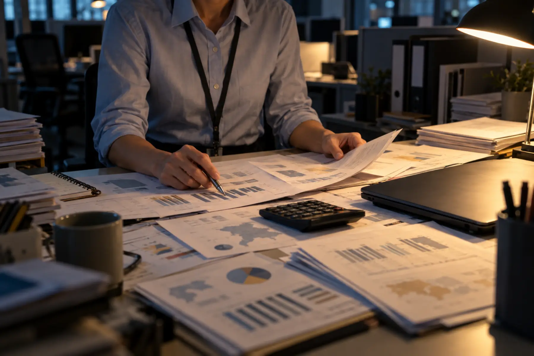 Finance analyst reconciling printed regional revenue reports by hand before reporting automation