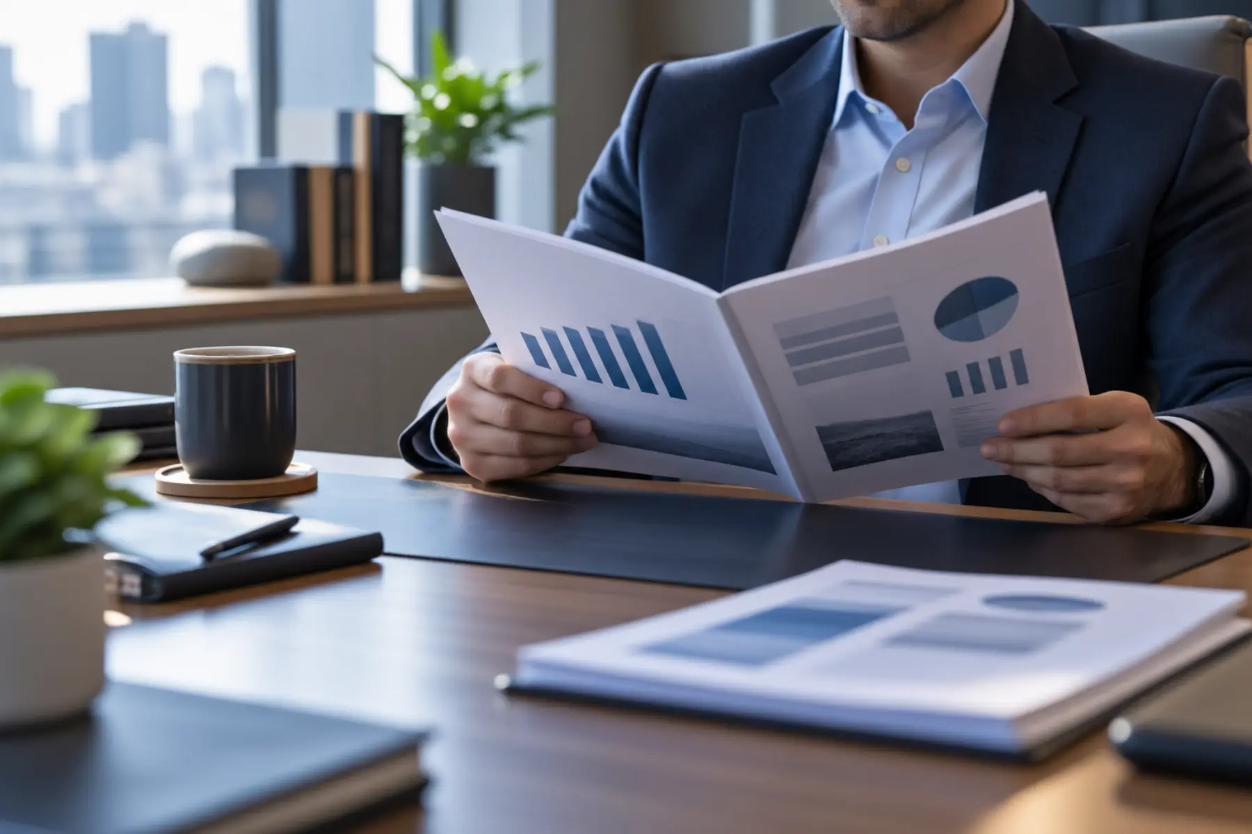 Finance leader reading a printed quarterly revenue report from a self-service platform